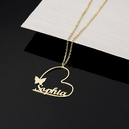 Stainless Steel Personalised Custom Name Necklace for Women Heart Butterfly Pendant Choker Jewelry Valentine's Day Gift for Wife