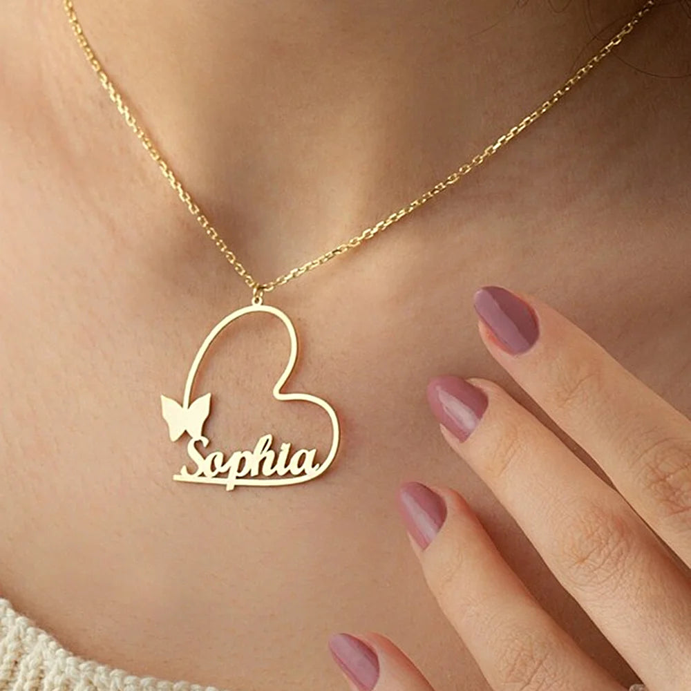 Stainless Steel Personalised Custom Name Necklace for Women Heart Butterfly Pendant Choker Jewelry Valentine's Day Gift for Wife