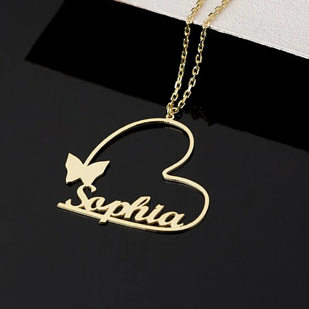 Stainless Steel Personalised Custom Name Necklace for Women Heart Butterfly Pendant Choker Jewelry Valentine's Day Gift for Wife